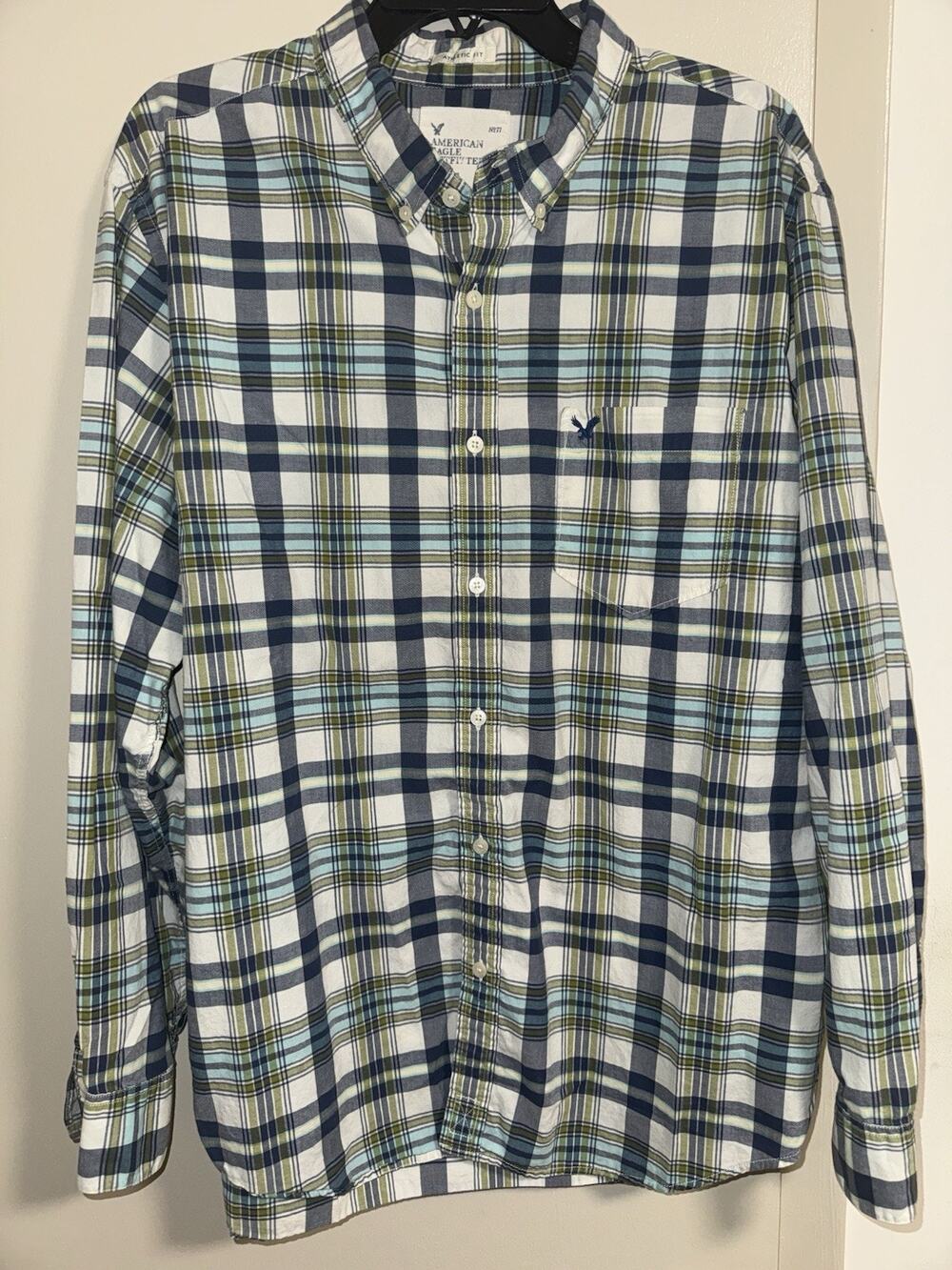 American Eagle Outfitters Plaid Button Down Shirt Men's XXL Athletic Fit Blue